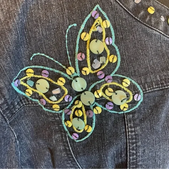 Alfred Dunner dark Denim Jacket with Butterfly Accents. Size 16. Pre-owned. - Picture 3 of 12